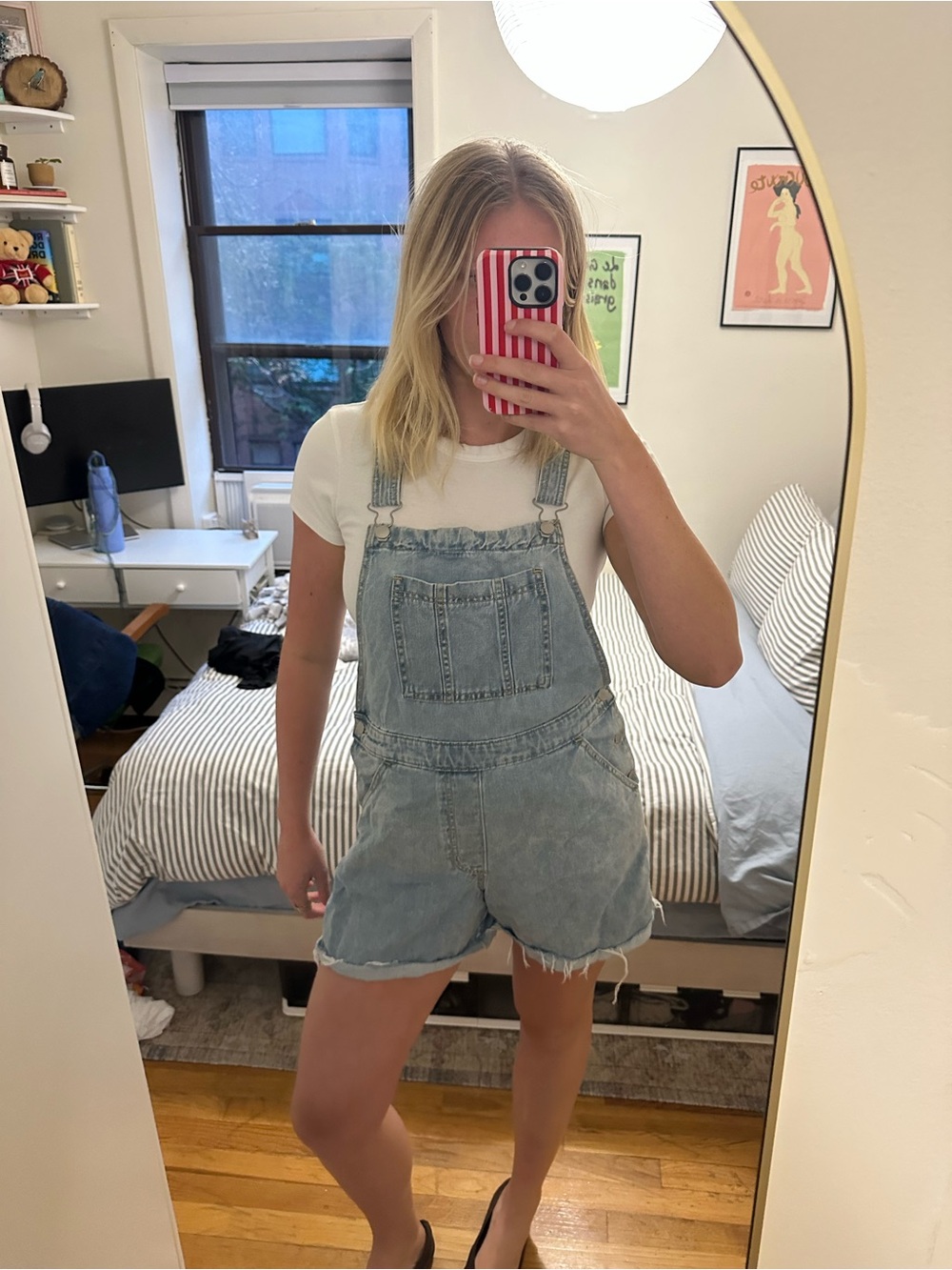 Light Blue Denim Short Overalls with Front Bib Pocket